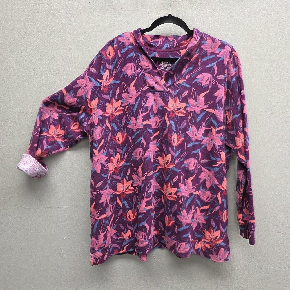 D&Co Active Shirt Womens 2X Purple Floral Hooded Long Sleeve Tunic Top